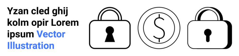 Three icons padlock on left, dollar symbol in center, and padlock on right. Ideal for cybersecurity, financial security, encryption, safety, protection secure transactions digital finance. Landing