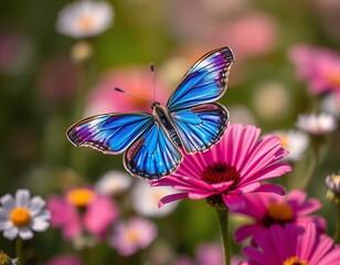 Vibrant blue butterfly on pink flower in garden.