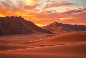 Naklejka premium Vibrant sunset over dramatic desert dunes and mountains.