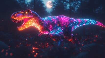 Luminous T-Rex dinosaur in a dark forest at night.