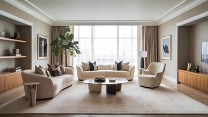 Modern living room with beige couches, armchairs, and wooden cabinets. Large windows provide ample natural light. The room features a neutral color palette and minimalist design.