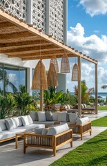 Fototapeta premium Outdoor patio furniture under a pergola with hanging lights, overlooking a tropical beach.