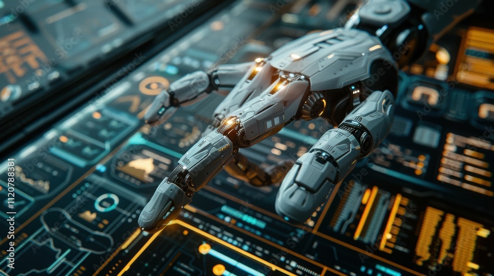 Poster ai-powered robotic arm showcases data manipulation in sleek tech lab environment