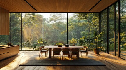 Modern Dining Room With Forest View Sunlight