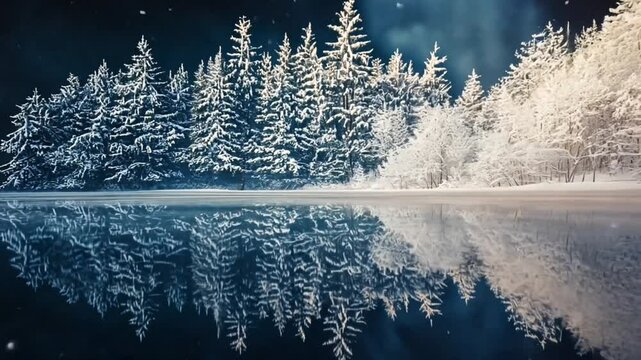 Serene winter landscape with snow-covered trees and a reflective lake under a starry sky.