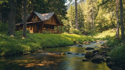 Obraz premium Secluded Log Cabin by a Tranquil Stream in a Lush Forest