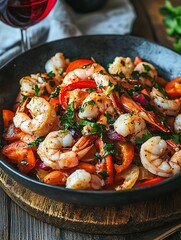 Delicious Sauteed Shrimp with Roasted Red Peppers and Onions, Garnished with Parsley.