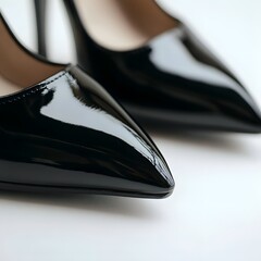 Shiny Black High Heels Reflecting Light, Elegant Footwear Style Statement, Close-up Detail Shot.