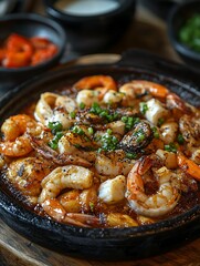Fototapeta premium Close-up of a sizzling seafood dish with shrimp, squid, and scallops in a dark stone bowl.