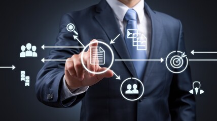 Businessman Analyzing Data and Process Workflow Diagram