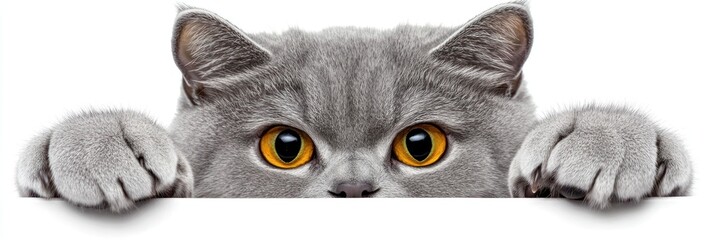 A curious gray cat peeking over a surface.