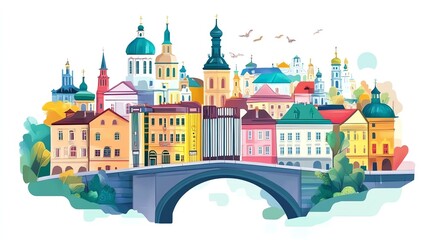Colorful cityscape with historical buildings and a charming bridge.