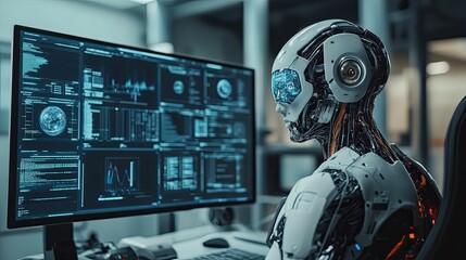 Fototapeta premium Advanced Robot Analyzing Data on Computer Screen
