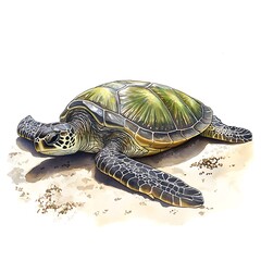 Obraz premium A Green Sea Turtle Resting on a Sandy Beach, Watercolor Illustration.