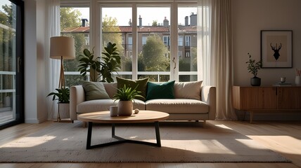 A bright and modern living room with a cozy white sofa, large windows, and natural sunlight streaming in, creating a warm and inviting atmosphere. Perfect for contemporary interior inspiration