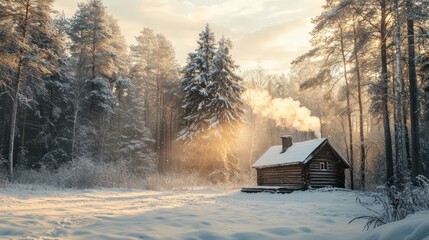 Obraz premium Winter Wonderland: Cozy Cabin in Snowy Forest at Sunrise