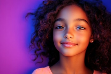 Fototapeta premium Young girl with curly hair smiling against a vibrant purple background in a playful and cheerful moment