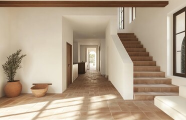 Sunlit hallway with terracotta tile floor, wooden staircase, and potted plant.