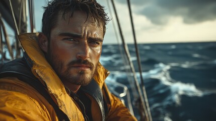 Obraz premium Angry and determined navigator facing the camera on a sailing boat in the open and agitated sea, alone with a tense atmosphere, captured in stunning 4K photorealistic detail.