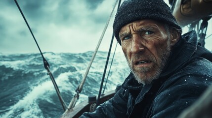 Obraz premium Angry and determined navigator facing the camera on a sailing boat in the open and agitated sea, alone with a tense atmosphere, captured in stunning 4K photorealistic detail.