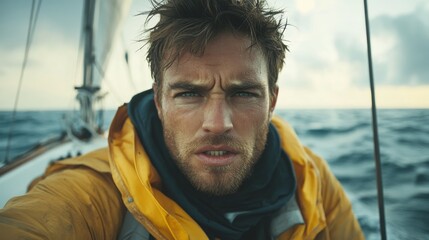 Obraz premium Angry and determined navigator facing the camera on a sailing boat in the open and agitated sea, alone with a tense atmosphere, captured in stunning 4K photorealistic detail.