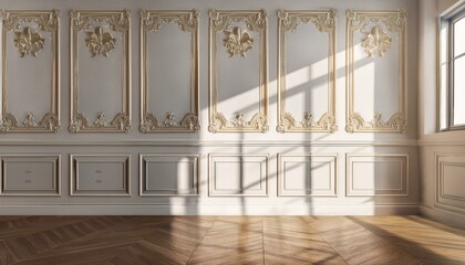 classic wall panels rococo. Minimalistic space with window shadow overlay on floor.