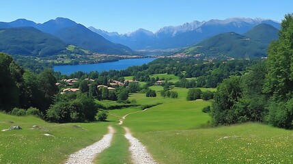 Serene Mountain Lake Village Path Landscape