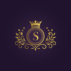 Ornate Gold Logo with Letter S and Crown on Dark Purple Background .