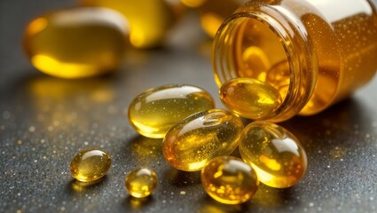 Gelatin capsules scattered on the table. Close up of food supplement oil filled capsules suitable for: fish oil, omega 3, omega 6, omega 9, flax seeds oil, vitamin A, vitamin D, vitamin D3, vitamin E