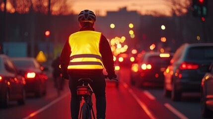 Cyclist wearing a reflective vest rides through traffic at dusk