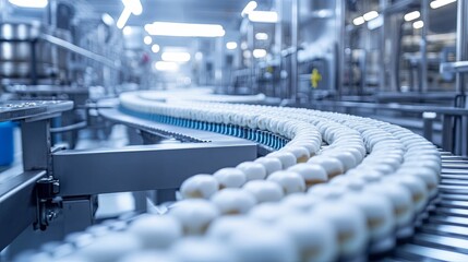Conveyor Belt Transports White Food Items In Factory