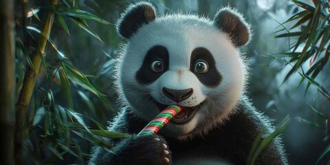 Obraz premium Adorable Panda Bear Eating Candy Cane in Bamboo Forest