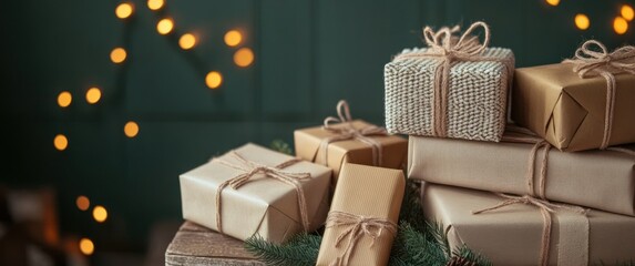 Cozy Holiday Scene with Wrapped Gift Boxes in Various Textures and Colors for Christmas Celebration