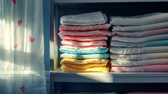 Neatly Stacked Baby Clothes and Diapers in a Nursery