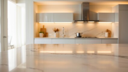 A marble countertop with blurred of a bright, modern kitchen. The soft focus on the interior background highlights.  it ideal for showcasing kitchen-related products