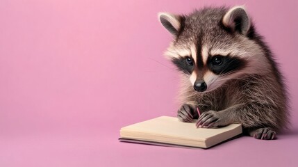 Raccoon writing in a notebook on a pink background.