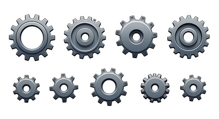 Metallic Gear Illustrations on Transparent Background for Industrial Design, Isolated Cogwheel Set with Clear Background, Ideal PNG for Mechanical and Engineering Projects
