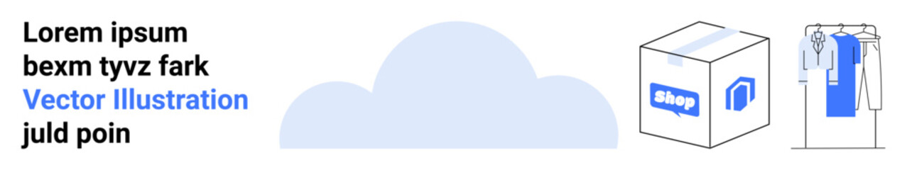 Box labeled Shop, cloud icon, and clothes on a rack represent e-commerce. Ideal for online shopping, retail, cloud storage, logistics, fashion inventory management digital marketplace. Landing page