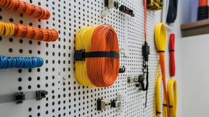 Innovative workshop tool cable organizer, with wires hung on white perforated plates with iron hooks, designed to use bright colors such as orange, red, yellow, white, and blue
