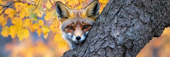 Obraz premium A fox peeking from behind a tree in autumn.