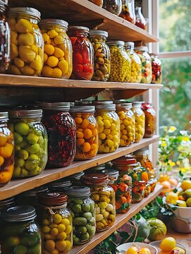 A rustic wooden shelf overflowing with colorful jars of home-canned fruits and vegetables, bathed in soft, natural light.