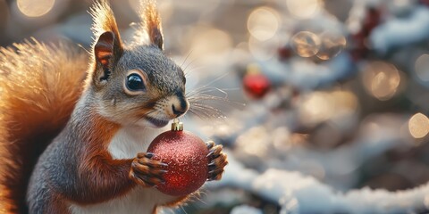 Obraz premium Adorable Squirrel Holding Red Christmas Ornament Winter Wonderland