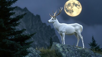 A majestic white deer with perfect antlers, on the mountain and the beautiful view of the full moon at night