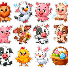 Cute pre-school animal sets, vector illustraions, patterns, fish, lizards, cows farm animals, pigs, bees, birds, gecko, lady bugs, wolves, jellyfish, insects. stickers for kids and pre-school 
