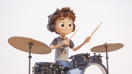 Fototapeta premium Boy playing drums with headphones, smiling joyfully.