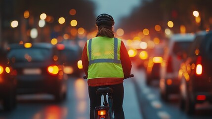Cyclist wearing a reflective vest rides through traffic at dusk