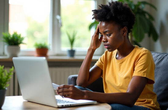 Young woman looking stressed while working on her laptop at home. Ideal for content related to work pressure, stress management, and productivity