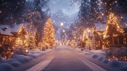 Snowy Village Street with Holiday Lights and Frosty Trees