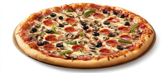 Delicious supreme pizza with pepperoni, mushrooms, olives, and peppers.