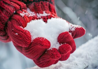 Female hands in knitted mittens with heart of snow in winter day. Love concept. Valentine day background.